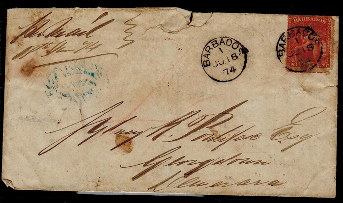 BARBADOS - 1874 (distressed) 6d rate inter-island cover cancelled BARBADOS/1.
