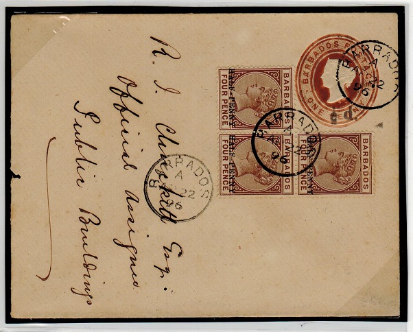BARBADOS - 1892 1/2d on 1d PSE uprated with 1/2d on 4d surcharge adhesives.  H&G 3a.