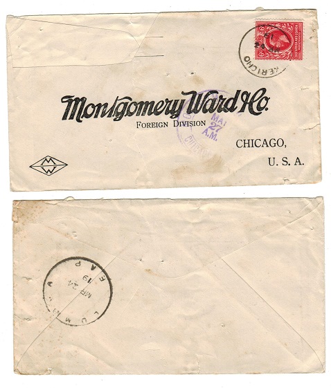K.U.T. - 1919 6c rate cover to USA (fault) used at KERICHO.
