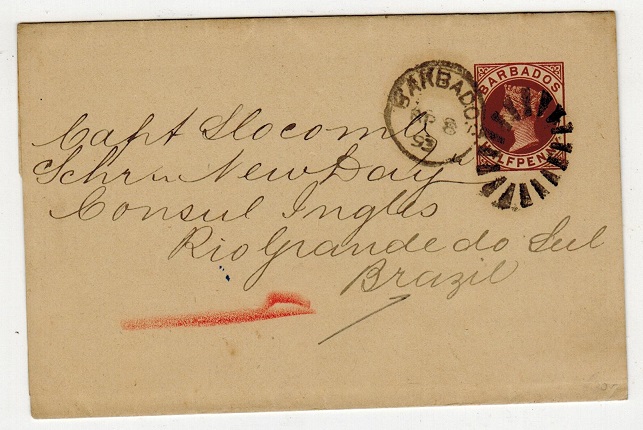 BARBADOS - 1882 1/2d brown postal stationery wrapper to Brazil (scarce).  H&G 1.