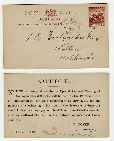 BARBADOS - 1892 1/2d PSC used locally struck CH.CH/BARBADOS (Christchurch).  H&G 8.