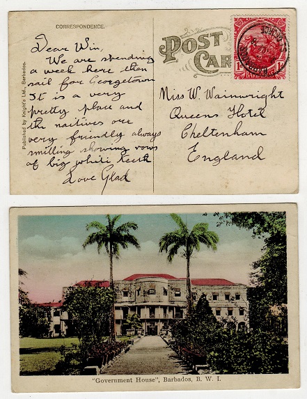 BARBADOS - 1918 1d rate postcard use to UK used at ST.GEORGE/BARBADOS parish.