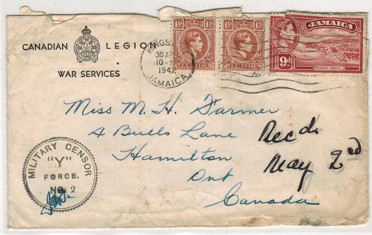 JAMAICA - 1942 MILITARY CENSOR/Y/FORCE/No.2 cover to Canada.