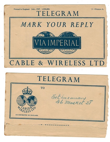 MALAYA - 1947 (circa) IMPERIAL TELEGRAM envelope addressed locally.