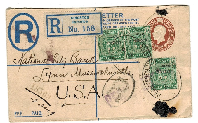 JAMAICA - 1913 2d+1d RPSE to USA uprated with 