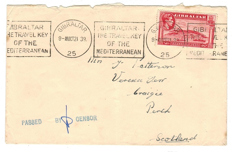 GIBRALTAR - 1939 early PASSED BY CENSOR cover to UK.