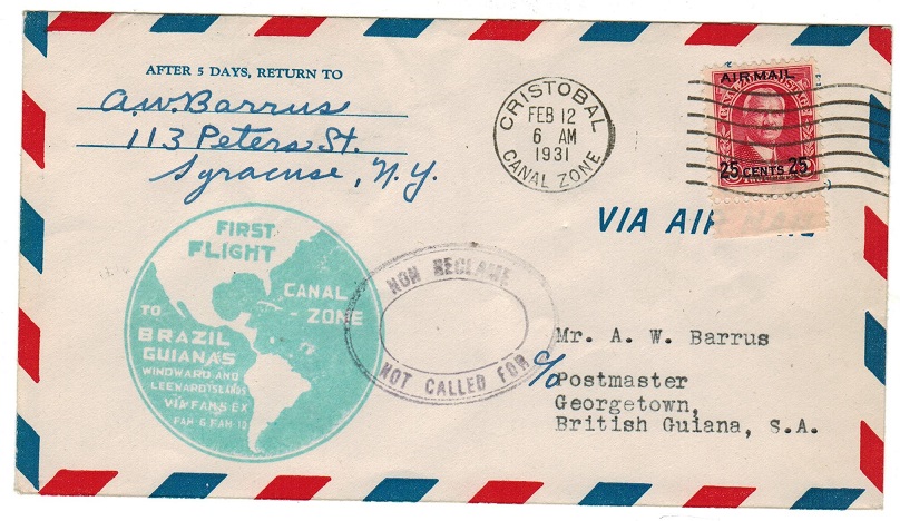 BRITISH GUIANA - 1931 inward first flight cover with NON RECLAME/NOT CALLED FOR h/s.