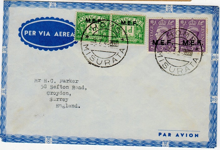 B.O.F.I.C. (Tripolitania) - 1943 cover to UK with postage dues used at HOMS. 