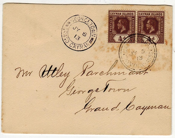 CAYMAN ISLANDS - 1913 1/4d brown (x2) use on local cover.