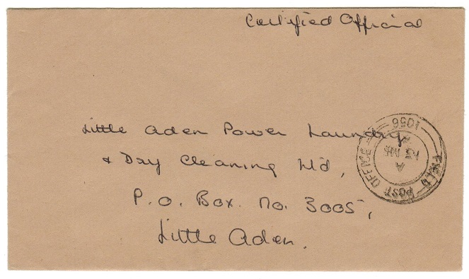 BAHRAIN - 1961 stampless FIELD POST OFFICE 1056 cover to Aden.