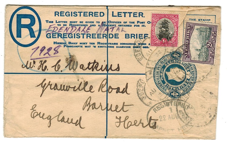 SOUTH AFRICA - 1918 4d blue uprated RPSE to UK used at EDENDALE NATAL.  H&G 2a.
