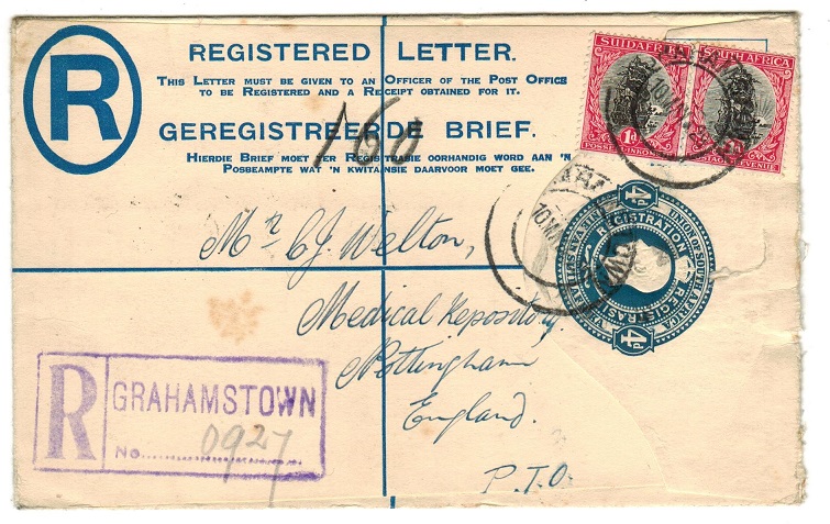 SOUTH AFRICA - 1918 4d blue uprated RPSE to UK used at GRAHAMSTOWN.  H&G 2a.