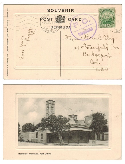 BERMUDA - 1917 1/2d rate postcard use with PC/BERMUDA censor mark to USA.