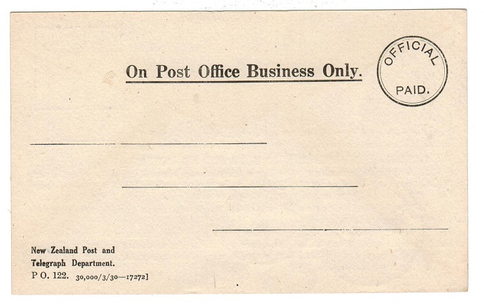 NEW ZEALAND - 1930 (circa) ON POST OFFICE BUSINESS/OFFICIAL PAID postcard unused.