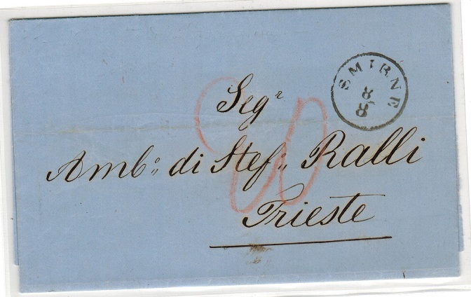 BRITISH LEVANT - 1868 stampless entire to Italy used at SMIRNE.