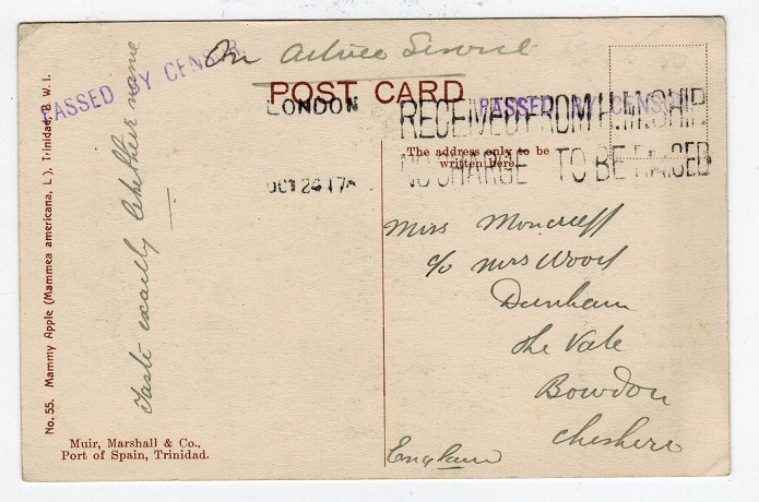 TRINIDAD AND TOBAGO - 1917 stampless OAS postcard
with PASSED BY CENSOR h/s.