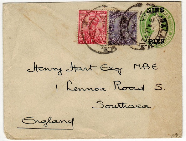 INDIA - 1921 9p on 1/2a surcharged PSE uprated to UK.  H&G 10.