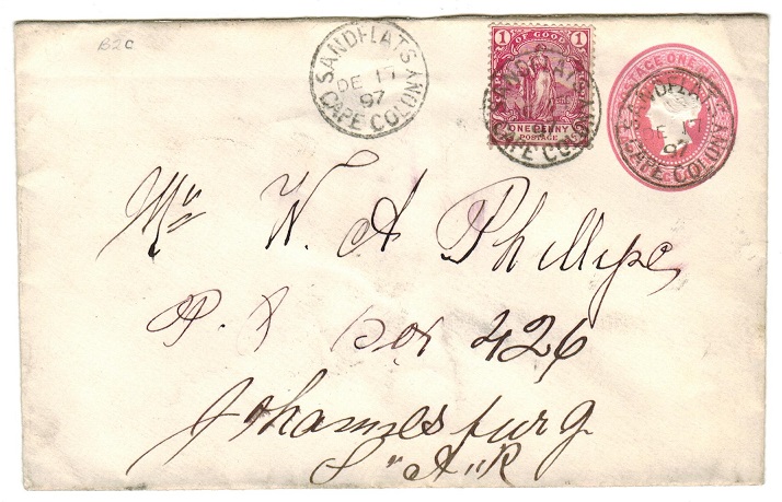 CAPE OF GOOD HOPE - 1892 1d PSE to Johannesburg with additional 1d tied SANDFLATS.  H&G 2a.