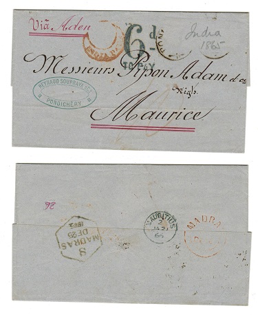 MAURITIUS - 1866 inward entire (stamp removed) with 6d/TO PAY h/s used from PONDICHERRY.