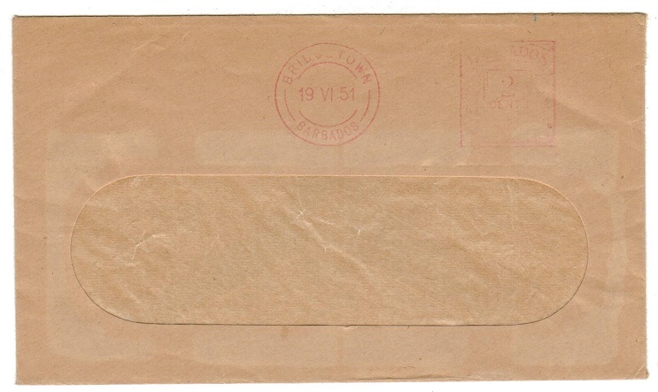 BARBADOS - 1951 stampless window envelope struck by red 2c/BRIDGETOWN/BARBADOS meter strike.
