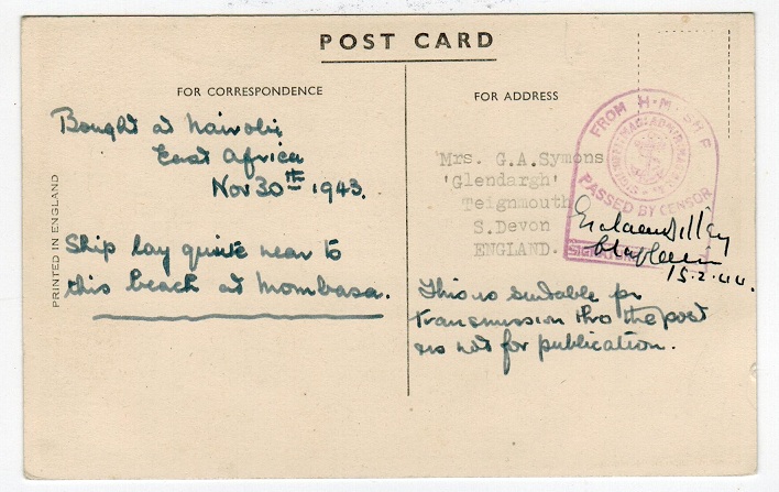 K.U.T. - 1943 postcard struck by maritime H.M.SHIP/PASSED BY CENSOR h/s.