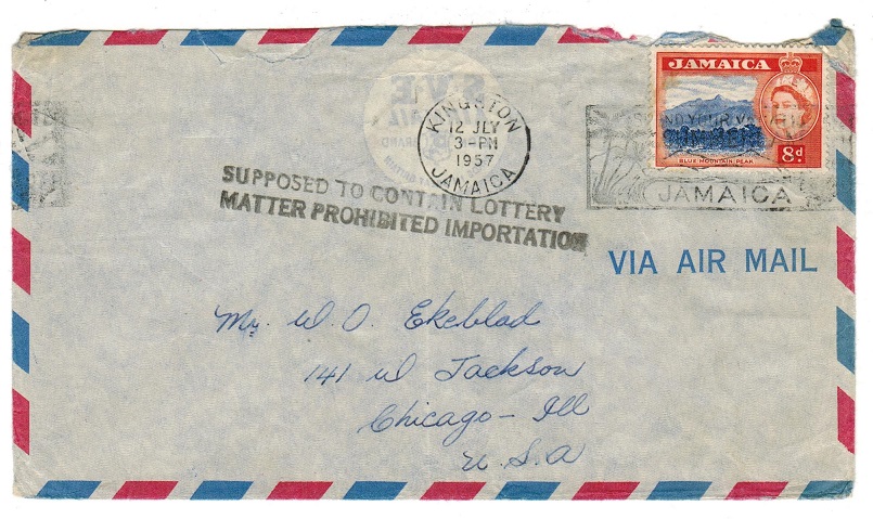 JAMAICA - 1957 SUPPOSE TO CONTAIN LOTTERY MATTER PROHIBITED IMPORTATION h/s on cover to USA. 