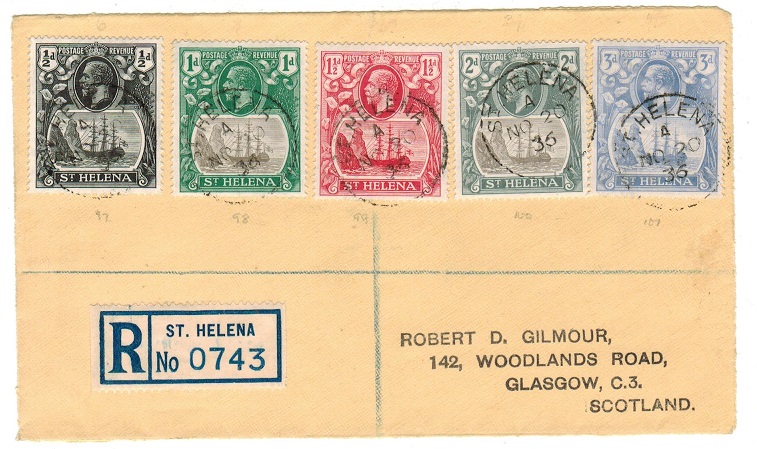 ST.HELENA - 1936 1/2d-3d registered FRONT showing the scarcer late 1/2d dark centre.