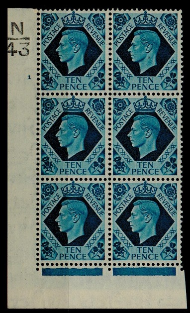 GREAT BRITAIN - 1939 10d turquoise blue mint N/34 (plate 1) cylinder block of six.  SG 474.