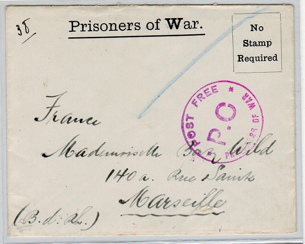 GREAT BRITAIN - 1916 stampless POW envelope to France from an inmate at Knockaloe Camp.