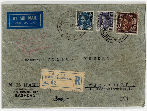 IRAQ - 1936 registered cover to Czechoslovakia used at BAGHDAD AS-SAMAWAL.