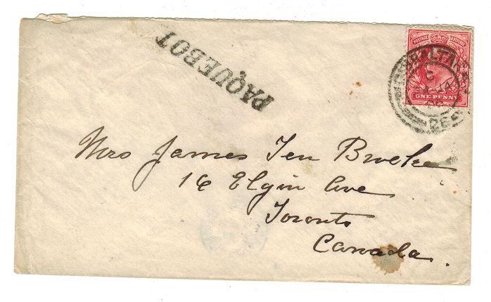 GIBRALTAR - 1906 GB 1d on cover to Canada with PAQUEBOT h/s.