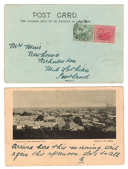 WESTERN AUSTRALIA - 1902 postcard use with 1/2d + 1d tied SHIP MAIL ROOM/PERTH.