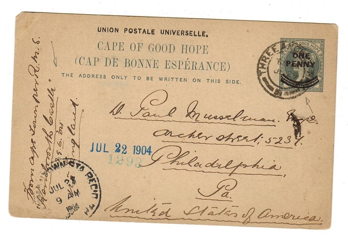 CAPE OF GOOD HOPE - 1897 1d on 1 1/2d grey PSC to USA used at THREE ANCHOR BAY.  H&G 12.