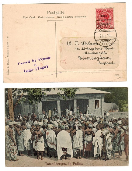 TOGO - 1916 1d rate postcard to UK censored at LOME.