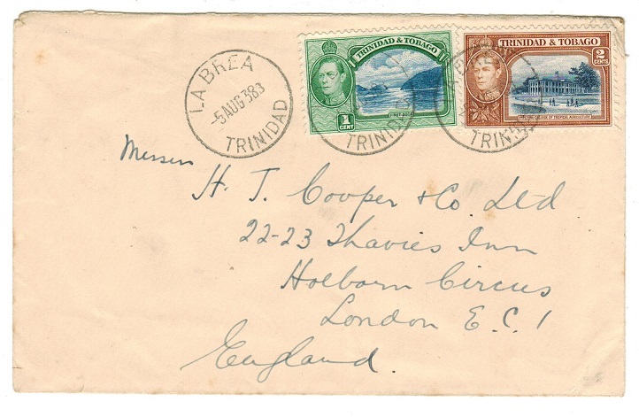 TRINIDAD AND TOBAGO - 1938 3c rate cover to UK used at LA BREA.