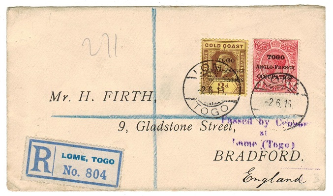 TOGO - 1916 4d rate registered cover to UK from LOME with PASSED BY CENSOR h/s.