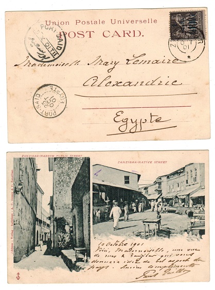 ZANZIBAR - 1901 1a on 10c black surcharge use on postcard to Egypt.