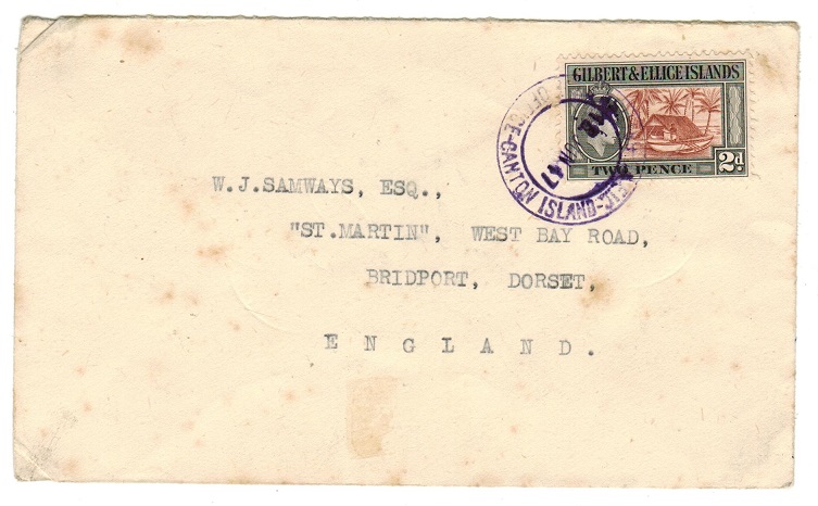 GILBERT AND ELLICE IS - 1947 2d rate cover to UK used at CANTON ISLAND.