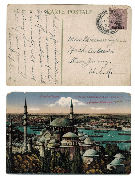 BRITISH LEVANT - 1922 4 1/2p on 3d postcard use to USA used at CONSTANTINOPLE.