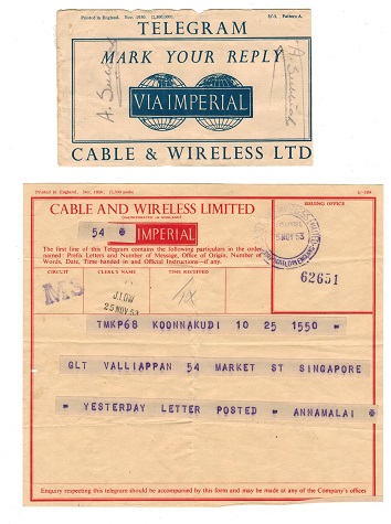 SINGAPORE - 1953 use of CABLE AND WIRELESS telegram with original envelope.