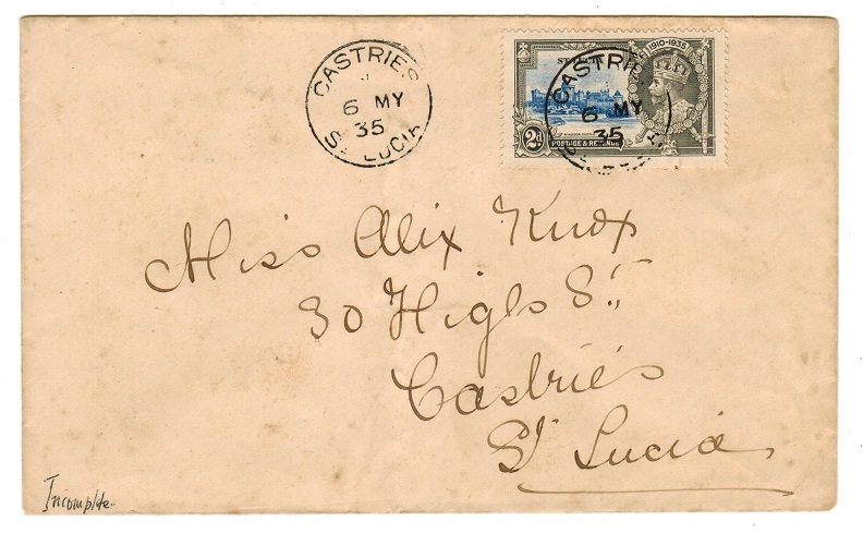 ST.LUCIA - 1935 2d rate local FDC cover bearing 