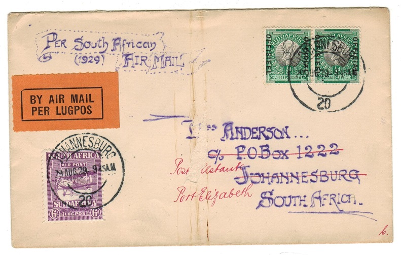 SOUTH AFRICA - 1929 first flight cover re-directed to port Elizabeth.