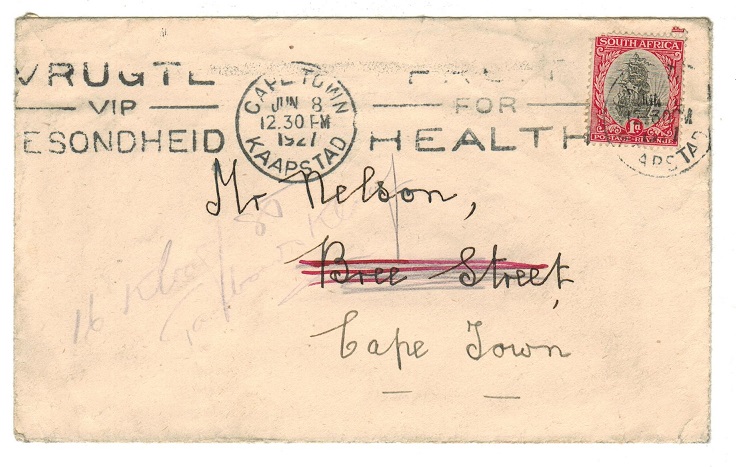 SOUTH AFRICA - 1927 FRUIT FOR HEALTH slogan strike on 1d local cover with 