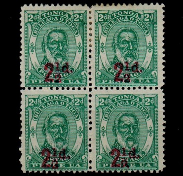 TONGA - 1893 2 1/2d red surcharge on 2d green mint block of four.  SG 20.