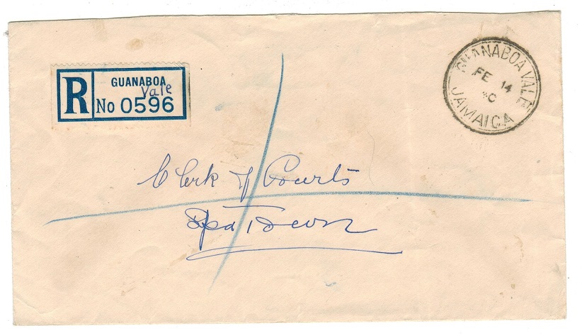 JAMAICA - 1940 stampless registered local cover used at GUANBOA VALE.