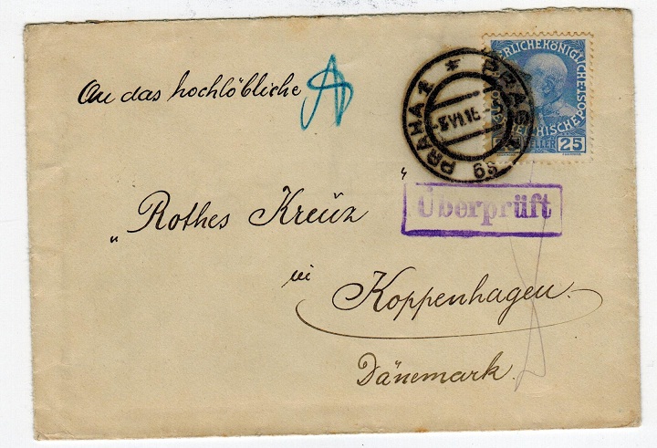 CZECHOSLOVAKIA - 1916 WWI cover to Denmark with Austrian adhesive used at PRAGUE.