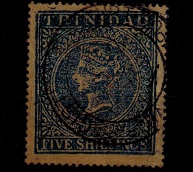 TRINIDAD AND TOBAGO - 1869 5/- FORGERY in blue with bogus cancel.