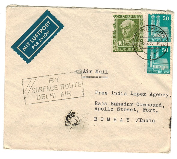 INDIA - 1950 BY/SURFACE ROUTE/DELHI AIR h/s on inward cover from Germany.