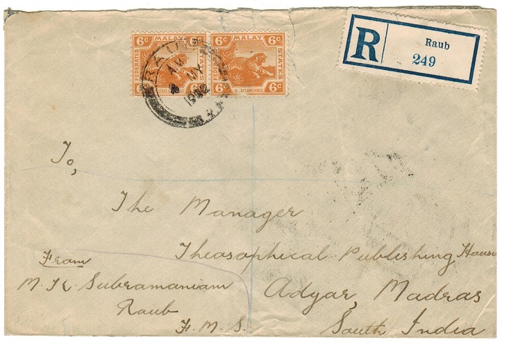 MALAYA - 1922 18c rate registered cover to India used at RAUB.