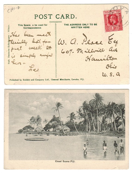 FIJI - 1912 1d rate postcard to USA used at SUVA.